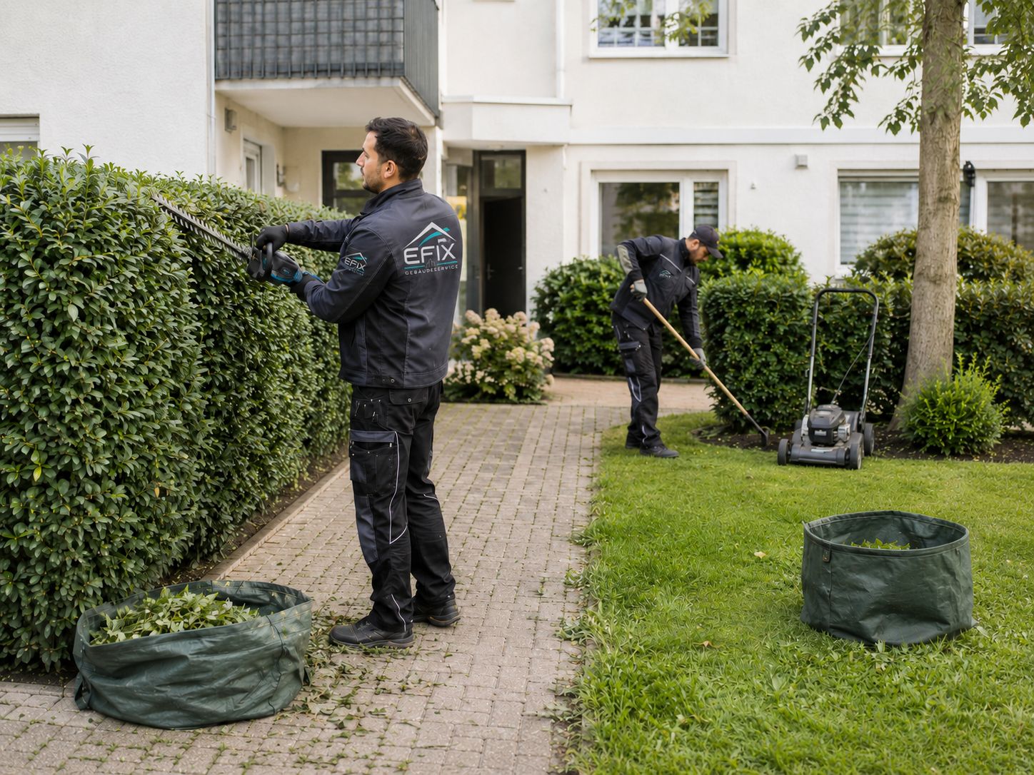EFIX Mitarbeiter schneiden Hecke und mähen Rasen vor einer Wohnanlage