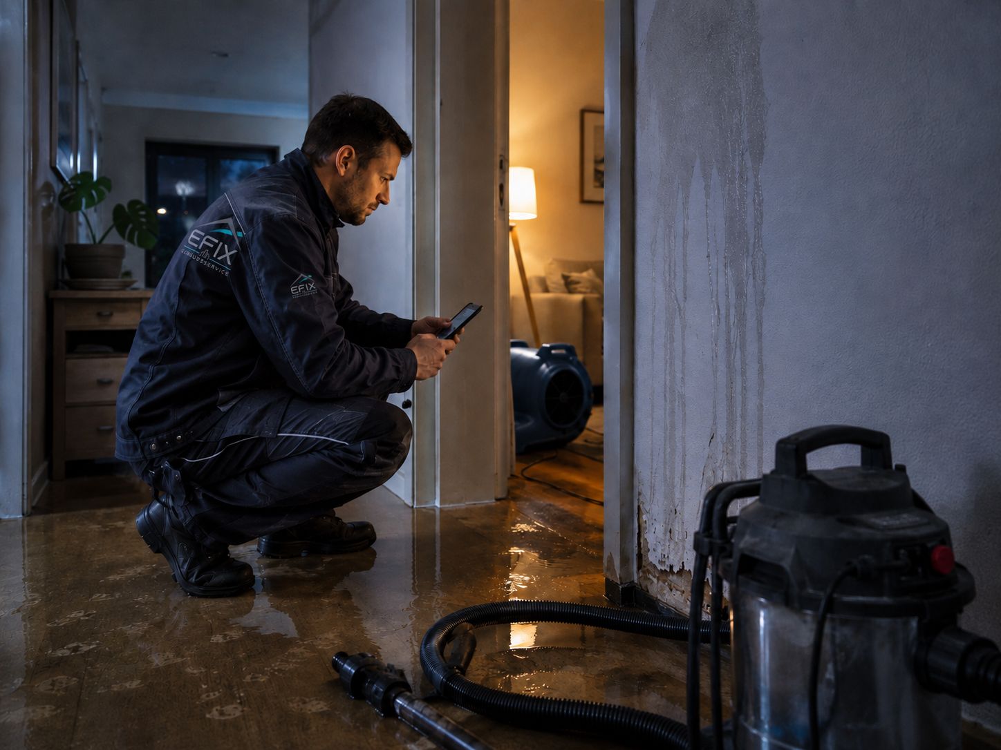 EFIX Mitarbeiter dokumentiert nachts einen Wasserschaden