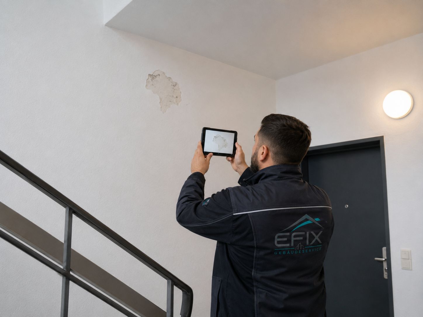 EFIX Mitarbeiter dokumentiert einen Wandschaden im Treppenhaus per Tablet