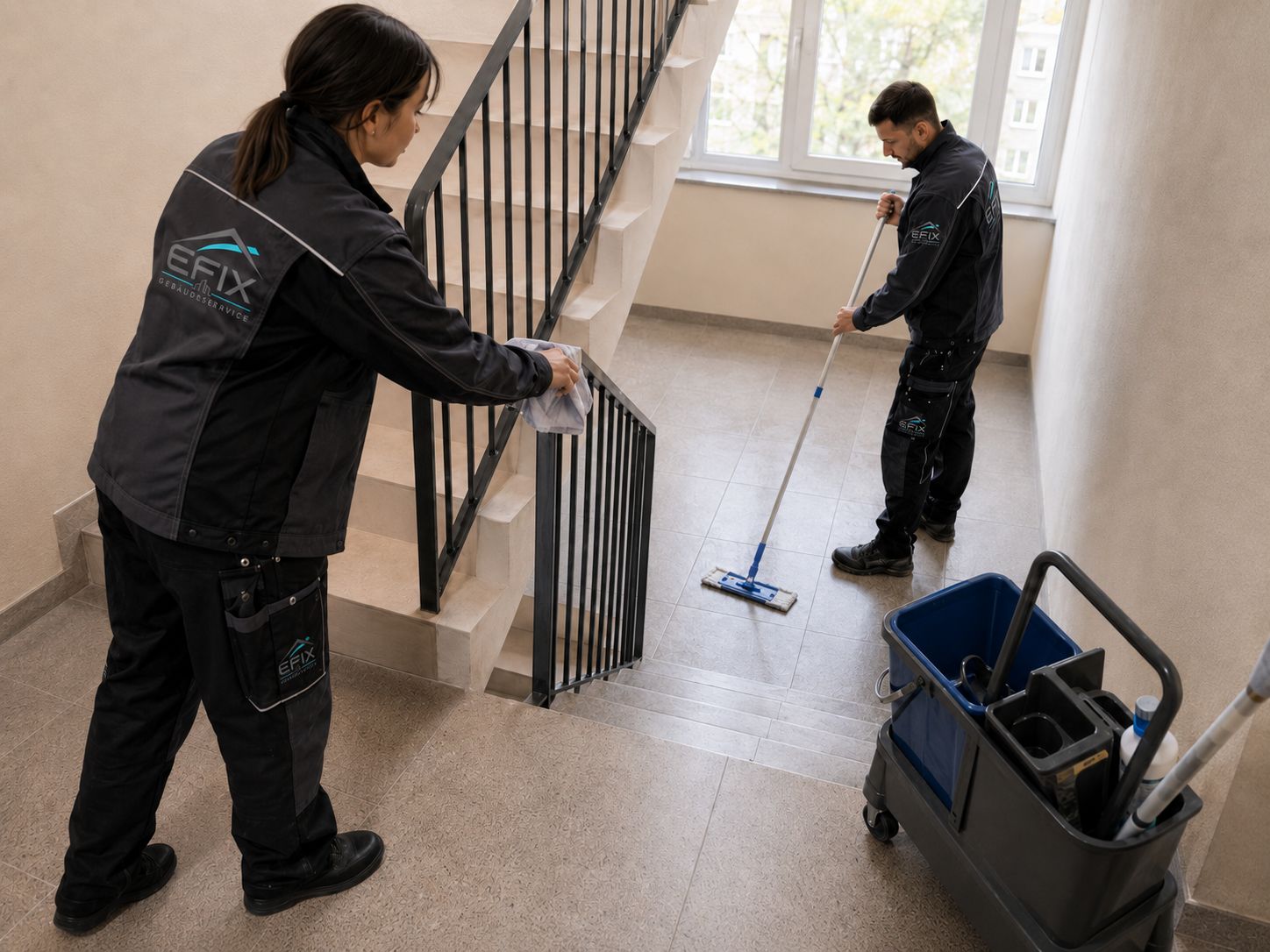 Zwei EFIX Mitarbeiter reinigen Treppenhaus und Geländer